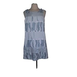 Linen Mini Dress White Silver Abstract Design Sleeveless Striped  Sheer